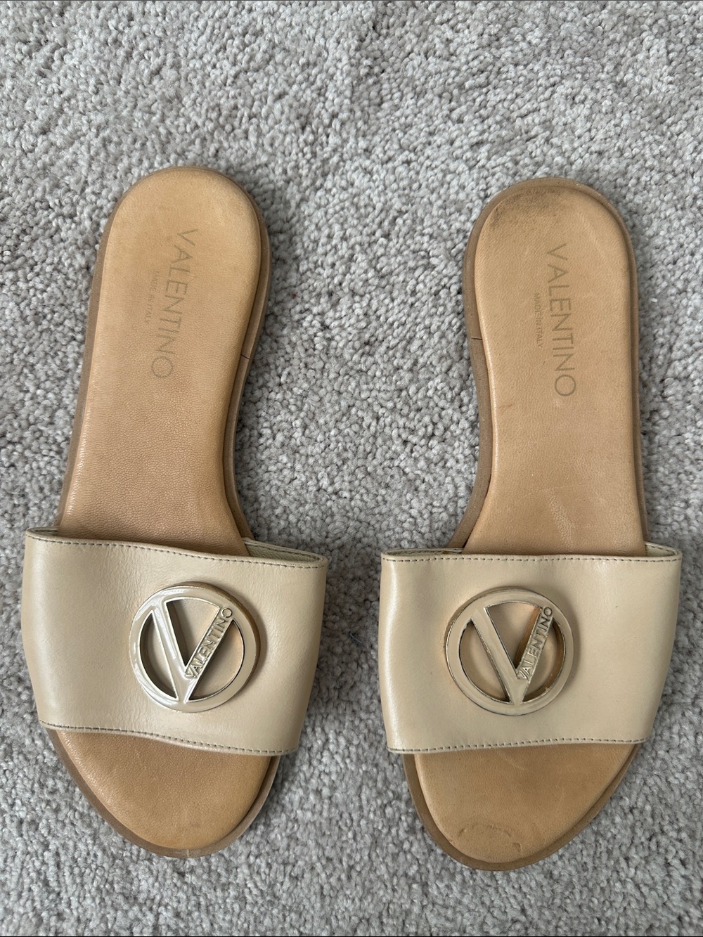 Valentino Beige Logo Leather Slide Sandals